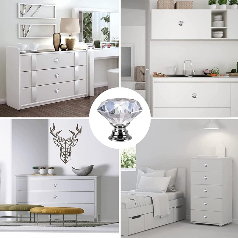 6 stuks meubelknoppen, kristallen ladeknoppen, moderne mode commodeknoppen, kristalheldere deurknop, 30 mm zinklegering kristalglas handgrepen, met schroeven in 3 maten (zilver)