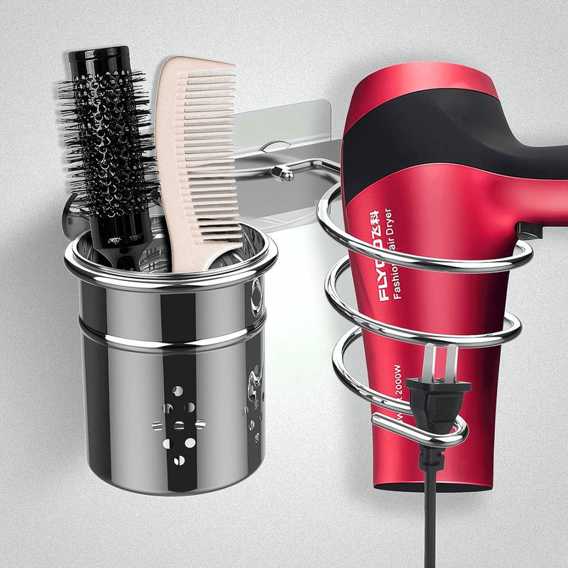 Föhnhouder roestvrij staal, haardrogerhouder zonder boren, zelfklevende houder, glanzend gepolijst roestvrij staal (föhnhouder)