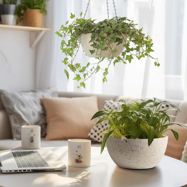 Bloempot, hangend, plastic, set van 2, diameter 25 cm, hangpot voor planten, wit, bloemenhanger met haak, rond, groot, voor binnen en buiten, decoratie, hangpot voor planten voor thuis, kantoor