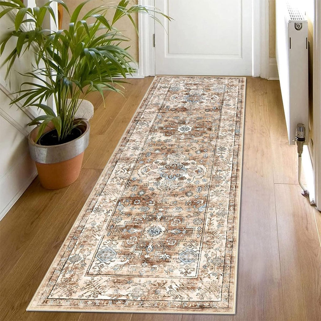 TUKDAK Boho loper tapijten voor hal antislip 60x180cm, Geometrische wasbaar keuken tapijt loper, Boheemse lange hal kleden voor entree slaapkamer Wasserij woonkamer, bruin groen