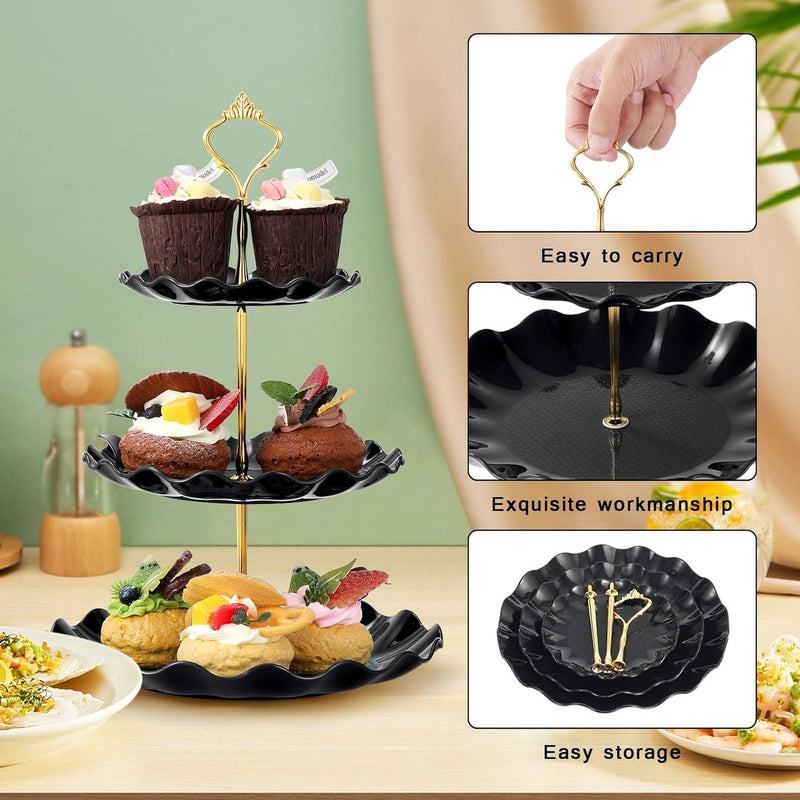 2 stuks 3 etages, cupcake-standaard, dessertstandaard, herbruikbare gebarenstandaard, taartstandaard voor bruiloft, verjaardag, theefeest (zwart en wit)