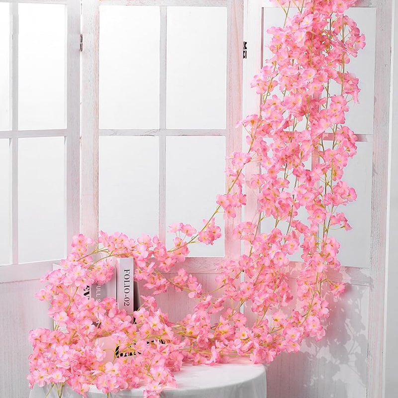 Set van 2 kersenbloesemdecoratie kunstbloemenslinger nepbloemdecoratie geschikt voor huwelijksboogdecoratie kamer hangende decoratie eettafel achtergrondmuur (roos)