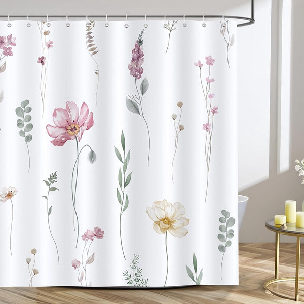 Douchegordijn, roze, beige, aquarel, bloemen, bladeren, moderne douchegordijnen, 180 x 180 cm, anti-schimmel, waterdicht, polyester stof, wasbaar, badkamergordijn voor badkamer, met 12 haken