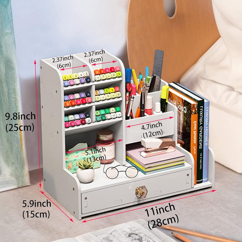 Bureau-organizer met lade, wit, pennenhouder met hoge capaciteit, bureau, doe-het-zelf desktop nette kantoororganizer, pennenorganizer voor kantoor, school en thuis