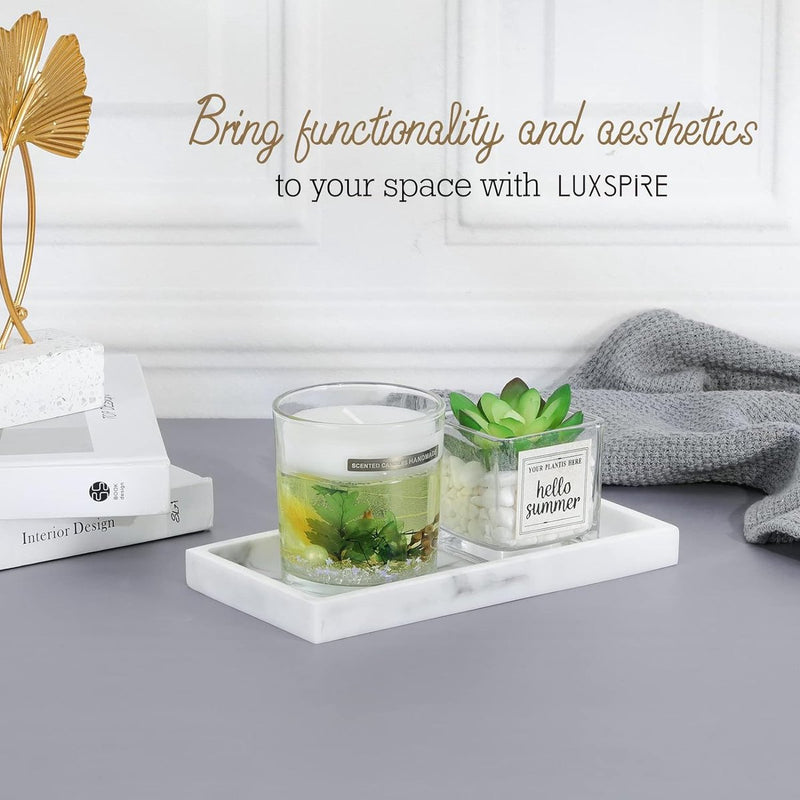 Wastafelorganizer, mini-dienblad voor de badkamer, rechthoekig, hars, plat, sieradenhouder voor textiel, kaarsen, zeep handdoeken, planten, Wit marmer, Mini