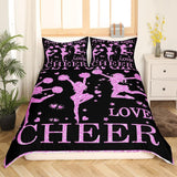 meisjes-beddengoed, 135 x 200 cm, jubelsport, dekbedovertrek voor cheerleaders, geschenken, tieners, meisjes, gymnastiek, trainer, roze, paars, glitter, pailletten, bedset met hart en