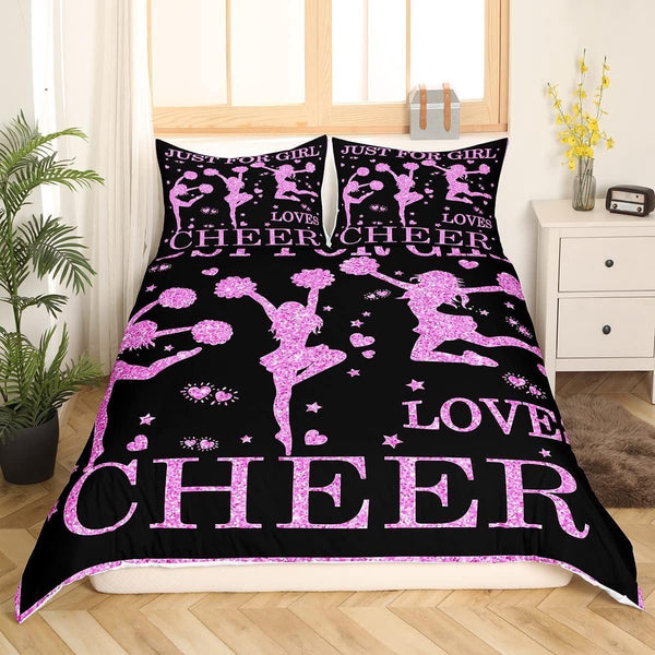meisjes-beddengoed, 135 x 200 cm, jubelsport, dekbedovertrek voor cheerleaders, geschenken, tieners, meisjes, gymnastiek, trainer, roze, paars, glitter, pailletten, bedset met hart en