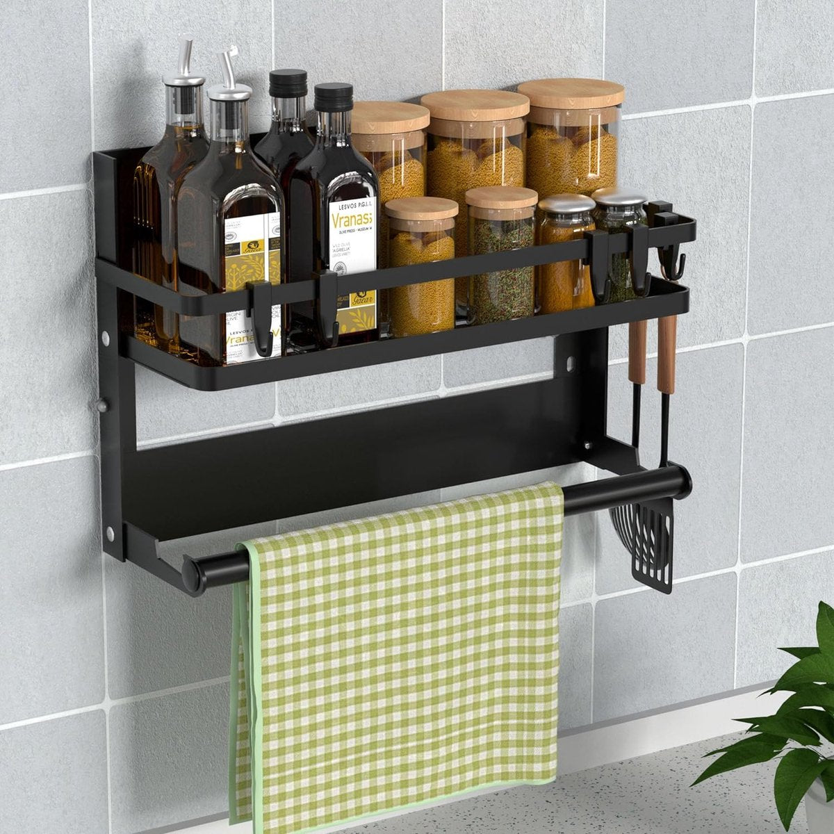 3-pack kruidenrek voor wandmontage, hangende kruidenplank met handdoekstanghaken keukenopslagrekken voor kruidenkruidpotten (grootte: 30 cm, kleur: zwart