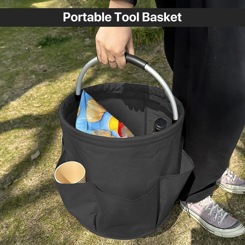 Organizer voor schoonmaakartikelen, draagbare opbergmand, opvouwbare organizer voor schoonmaakartikelen met handvat en 6 vakken voor opslag thuis, winkelen, picknicken en tuin (zwart)