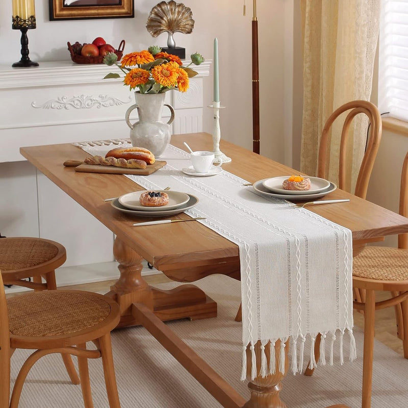 Tafelloper Boho Tafelloper, landelijke stijl, met handgemaakte kwastjes, tafelkleed voor boerderij, tafeldecoratie, 200 x 32 cm