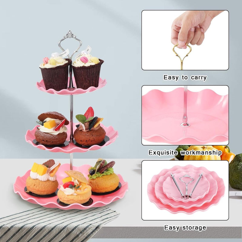 2 stuks 3 etages, cupcake-standaard, dessertstandaard, herbruikbare gebarenstandaard, taartstandaard voor bruiloft, verjaardag, theefeest, roze