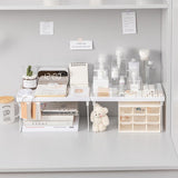 Set van 2 kleine planken, desktop-organizer, staand rek, stapelrek, plankinzet, kunststof met inklapbare metalen poten, kruidenrek voor kantoor, badkamer, keuken, opbergplanken, organisatie,