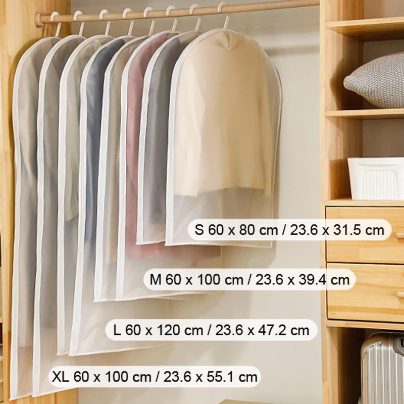 12 stuks kledingtassen, 60 x 80/100/120/140 cm, witte rand, doorschijnende kostuumtas, kledinghoes, kostuumtas, avondjurk, trouwjurk, jassen, overhemden, stof- en waterdicht