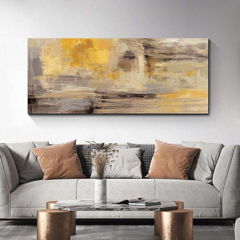 Houten frame grote canvasfoto's 120x50cm abstract mosterdgeel grijs beeld op canvas muurkunst moderne wandafbeeldingen XXL kunstdruk decoratie voor woonkamer slaapkamer klaar om op te