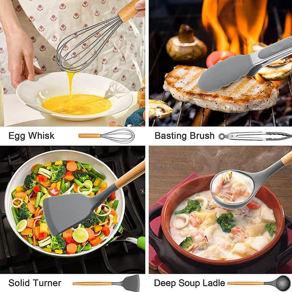 Keukenhulpset, 34 stuks siliconen kookgerei, spatelset met houder en houten handgrepen, antiaanbaklaag, beste keukenhulp, rasp voor kookgerei (grijs)