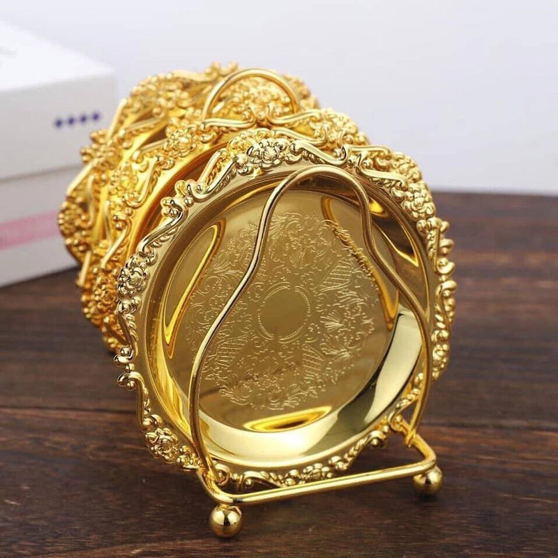 6 stuks gouden koffie, dranken, theekoponderzetters, dessertdisplayplaten, met zinklegering, roestvrijstalen standaard (diameter 10 cm, 6 stuks, goud)