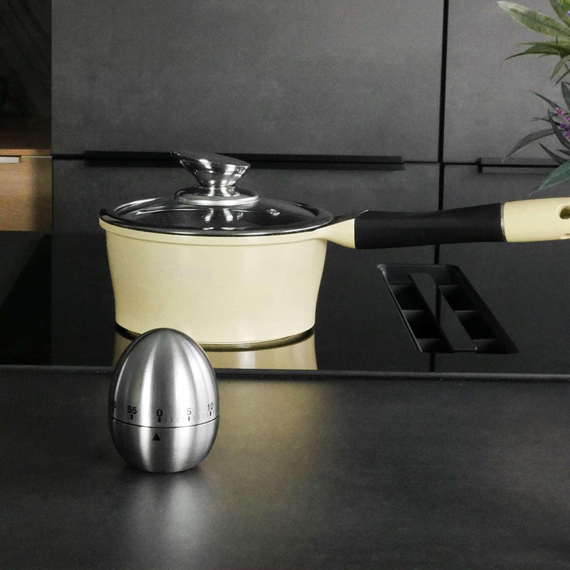 Eierwekker in zilver, roestvrij staal, keukentimer in elegant eiervormig design, korte wekker voor de keuken tot 55 minuten