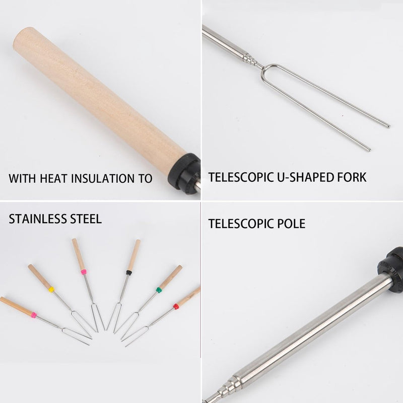 6 barbecuevorken, 1 roze olieborstel, telescopische barbecuespiesjes, roestvrijstalen stokken, barbecuestokken, intrekbare grillstokken, marshmallow grillstokken, geschikt voor kamperen, feest, tuin