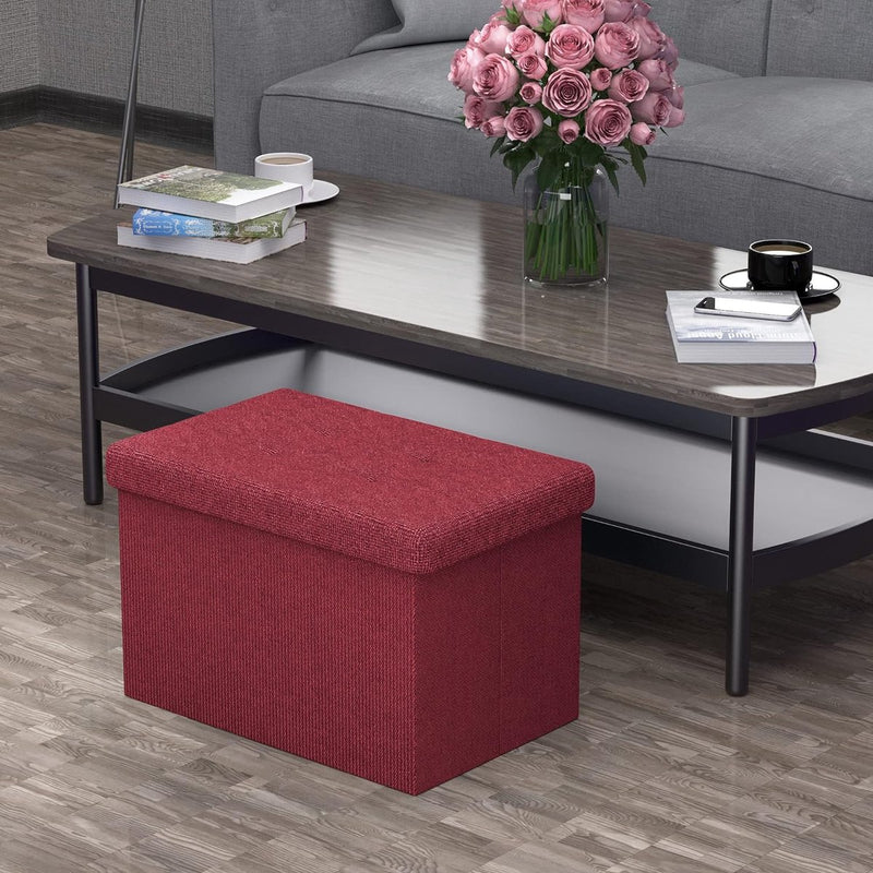 Opvouwbare zitbank, 49 x 30 x 30 cm, granaatrood, zitkubus met opbergruimte en deksel van stof met uitsparingen, zitkubus, voetensteun, opbergdoos, kist, zitkruk