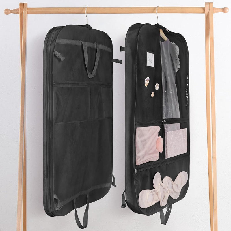 Zwarte kinderkledingzak 101 cm kledinghoes danskostuumtas, 3 middelgrote doorzichtige zakken met ritssluiting en 2 achterzakken met ritssluiting met 1 poppenhanger, 3 badges