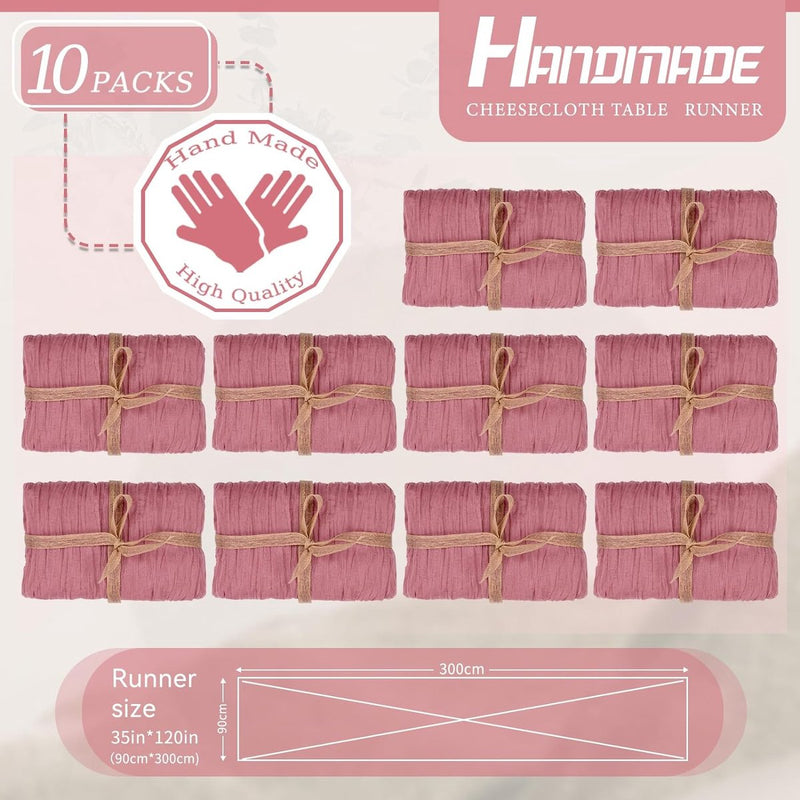 Set van 10 kaasdoek-tafellopers, stoffige roos, 90 x 300 cm, roze rustieke gaasstof, boho-tafelloper, kaasdoek-tafelloper, bruiloftstafelkleed voor bruiloftsfeest, bruidsdouchetafel