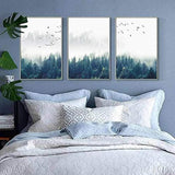 Designposters, 3-delig, bos en vogels in de mist, zonder lijst, decoratie