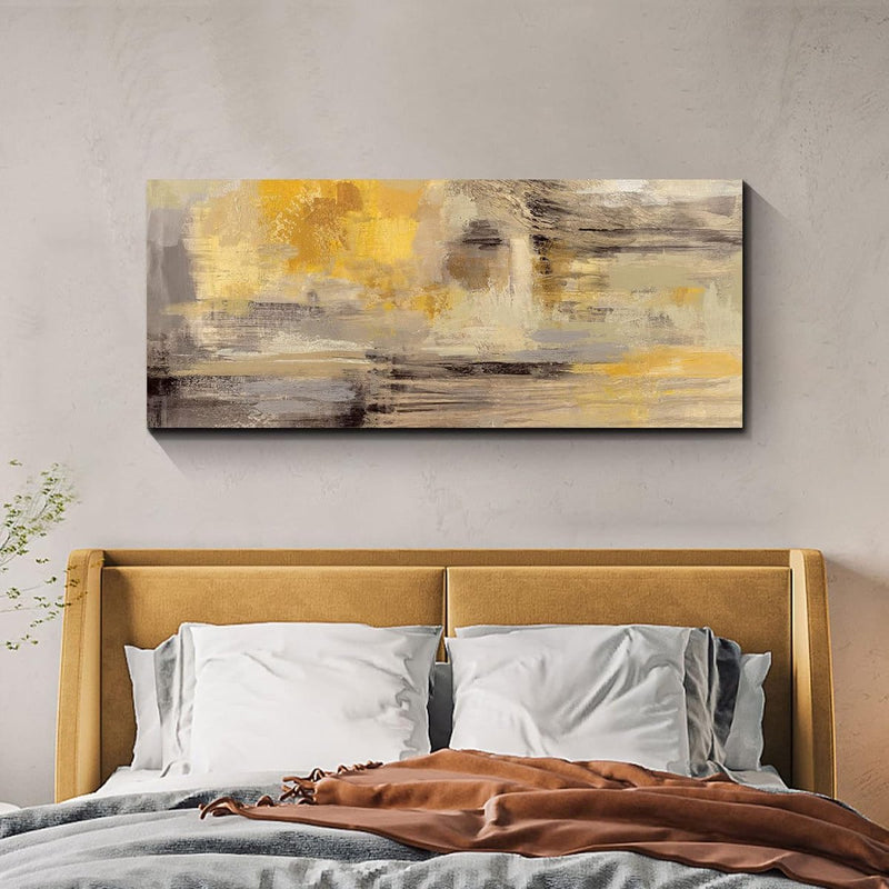 Houten frame grote canvasfoto's 120x50cm abstract mosterdgeel grijs beeld op canvas muurkunst moderne wandafbeeldingen XXL kunstdruk decoratie voor woonkamer slaapkamer klaar om op te