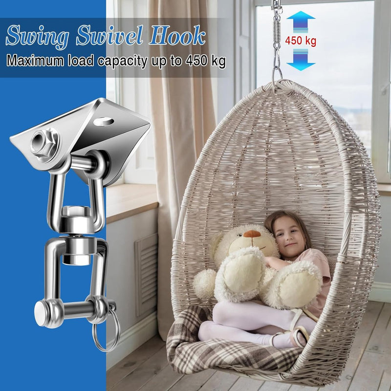 Plafondhaak, zware belasting, hangstoel, schommelveer, tot 450 kg capaciteit, 360 graden draaibare roestvrijstalen plafondhouder, schommelhaak, plafondhaak voor hangstoel, bokszak, schommel,