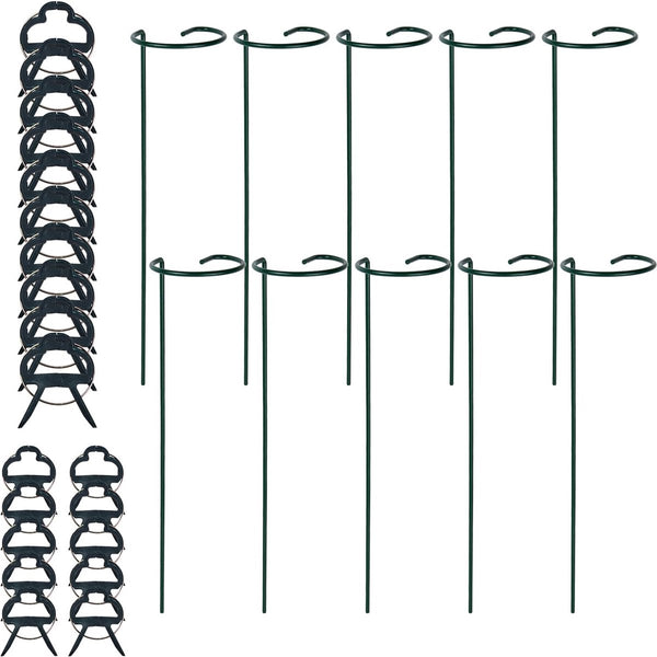 10 stuks plantenkooi steunringen planten, plantenhouders, metalen roest, plantensteunstaven voor tuin, plantensteunen met 10 plantenclips voor amaryllis orchideeën, hortensia's