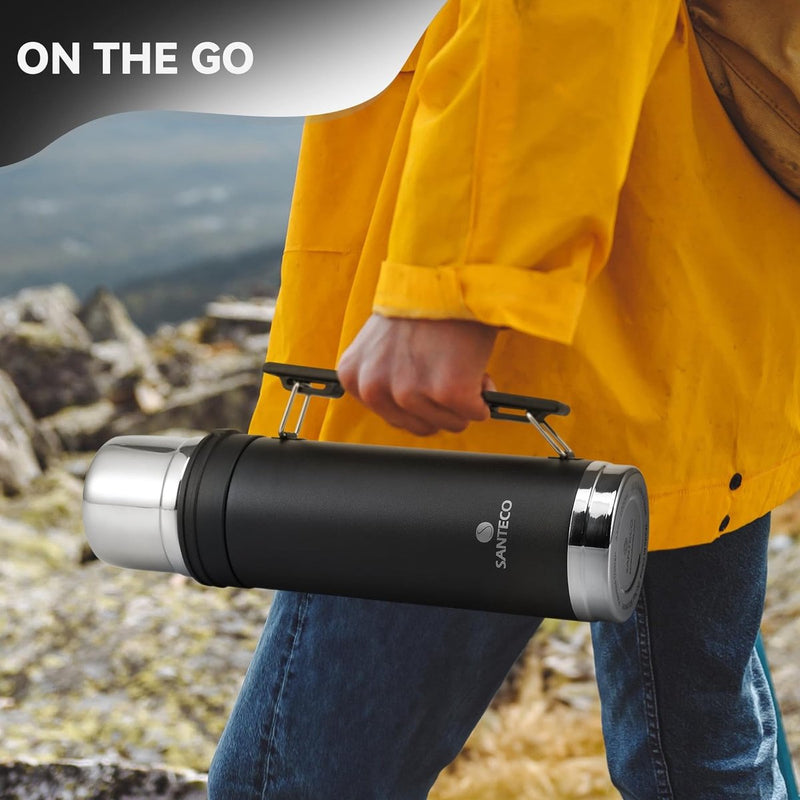 Thermoskan 1 liter, thermosfles met drinkbeker voor onderweg, thermosfles van roestvrij staal met handvat, lekvrij, voor koffie en thee, BPA-vrij, voor warm en koud