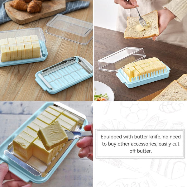 Boterdoos, roestvrijstalen botersnijder snijapparaat, 2 in 1 botersnijcontainer met transparant deksel boterkaasdoos voor het bewaren van kaas voor keukenkoeling (blauw)