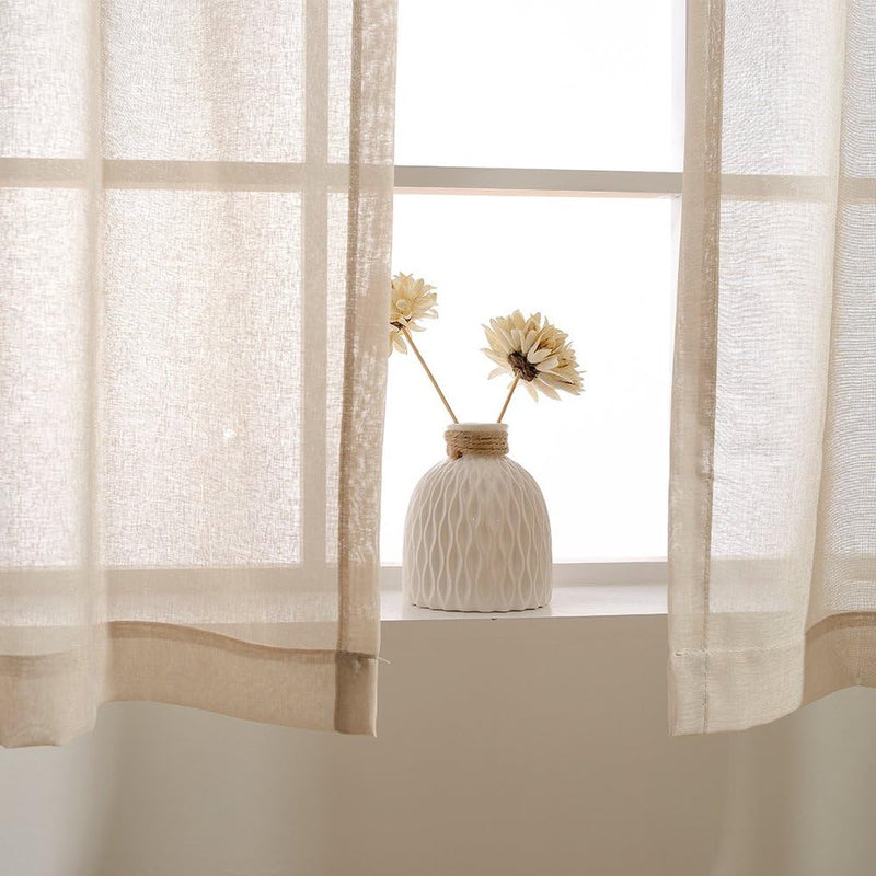 Voile gordijnen met lussen, transparante gordijnen, voor woon- en slaapkamer, keuken, 145 cm x 140 cm (h x b), set van 2, beige