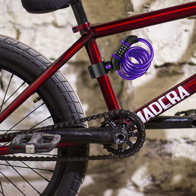 Fietsslot met 5-cijferige code, 1,2 m lang, cijferslot wiel met kabel, zeer licht, veiligheidsslot voor fiets en mountainbike met houder (paars)