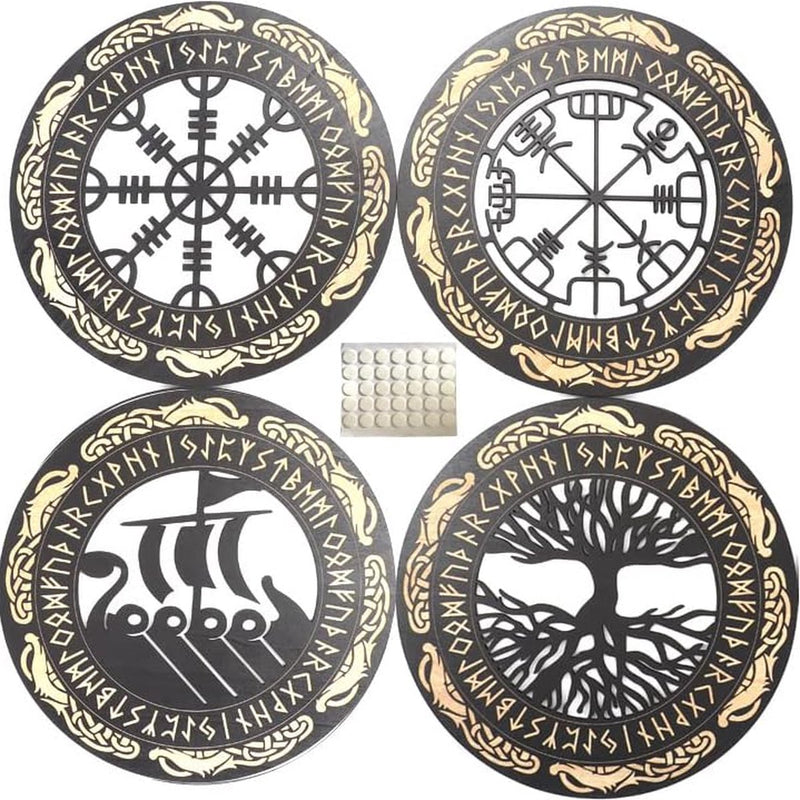 Vikingdecoratie Scandinavische mythologie runen kompas levensboom wanddecoratie hout woonkamer woning home wanddecoratie, geel, 4 stuks
