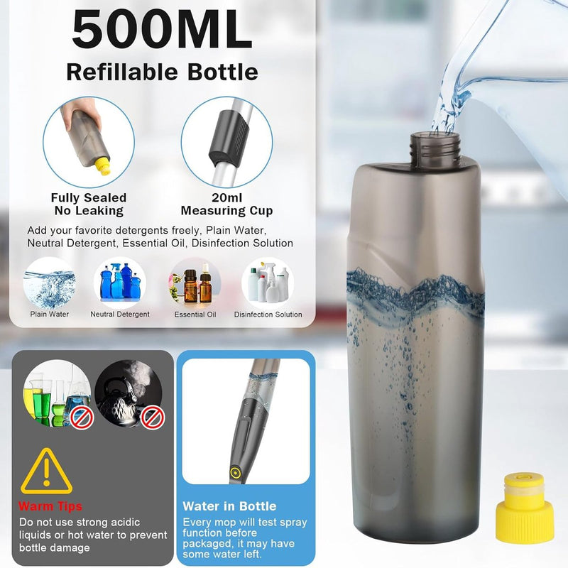 Vloerwisser met sproeifunctie, 500 ml navulbare watertank, sproeiwisser voor snelle reiniging met 3 wasbare microvezelhoezen, grijs sproeimop