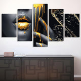 canvasdoek 5-delig wanddecoratie foto's, zwart goud vrouwen lippen canvas schilderij, moderne HD print canvas olieverfschilderij decor poster geen lijst (gouden lippen, L)