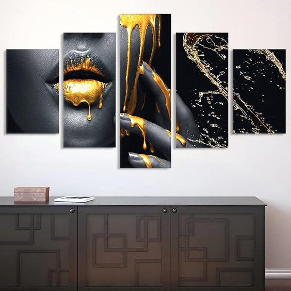 canvasdoek 5-delig wanddecoratie foto's, zwart goud vrouwen lippen canvas schilderij, moderne HD print canvas olieverfschilderij decor poster geen lijst (gouden lippen, L)