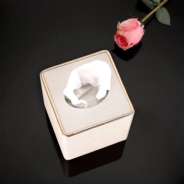 Tissuebox vierkant cosmetische tissuebox met gouden randen papieren tissuebox linnen beige tissuehouder 13 x 13 x 15 cm tissuebox voor eetkamer woonkamer slaapkamer kantoor hotel