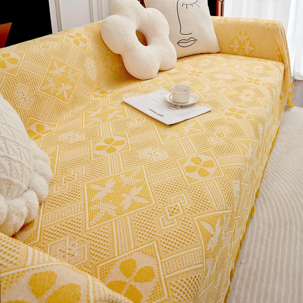 Bankdeken voor 2-zitsbank met decoratieve kwastjes, dubbelzijdige bankhoes banksprei voor bank en bed, ruitpatroon met bladeren en bloemen - geel, 180 x 230 cm