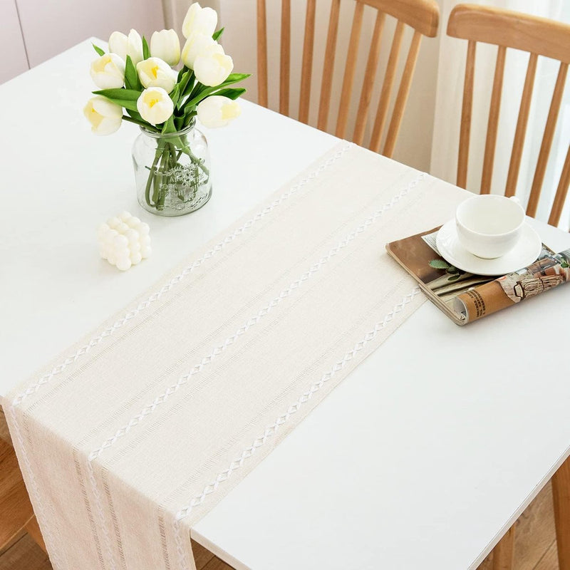 Tafelloper, beige boho polyester geurloze tafelloper, landelijke tafelloper met kwastjes 228 x 32 cm – beige crème
