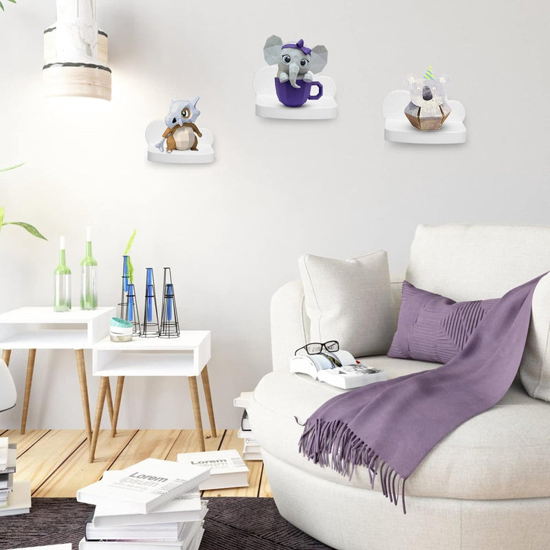 Wandrek, zwevend rek, 3-delige set, hangend, creatief voor slaapkamer, woonkamer, keuken en hal, wolken, wandplank, kleine afmetingen, wolken, wit
