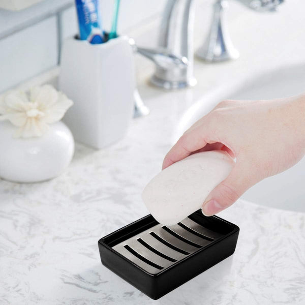 Keramische zeepbakje SUS304 badkamer dubbellaags zeepbakje zelflozende zeepbakje zeg nee tegen pluizige zeep eenvoudige reiniging (zwart)