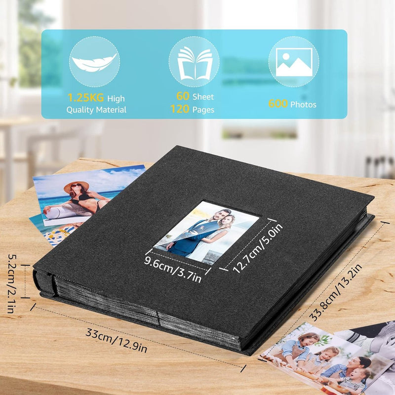 Fotoalbum, insteekalbum, 600 foto's (10 x 15 cm), linnen omslag, 60 vellen/120 pagina's, fotoboek om in te steken, fotoalbum, perfect voor familie, bruiloft, reizen, baby, zwart