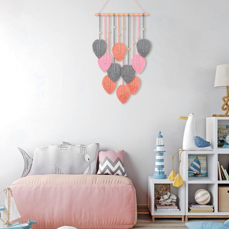Macramé wandtapijt, boho-decoratie, macramé, wandtapijt met houten kralen en roze bladeren, wandtapijt voor slaapkamer, kinderkamer, wanddecoratie (roze)