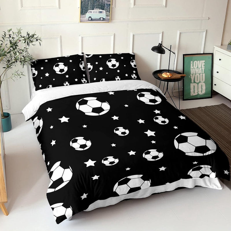 Voetbalbeddengoed, 135 x 200 cm, voor kinderen, jongens, tieners, sportdekbedovertrekset voor eenpersoonsbed, modern bedrukte dekbedovertrekken met ritssluiting en kussensloop van 80 x 80 cm