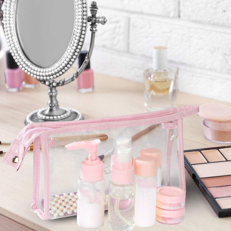 Lege reisflessen set kleine cosmetische container, navulbaar voor vliegtuigshampoo vloeistof draagbare vlucht handbagage accessoires met transparante toilettas, 12 stuks, roze