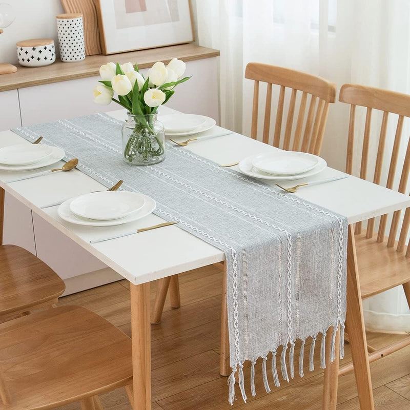 Tafelloper landhuisstijl grijs boho tafel loper met kwastjes rustieke table runner, 32x228 cm, lichtgrijs