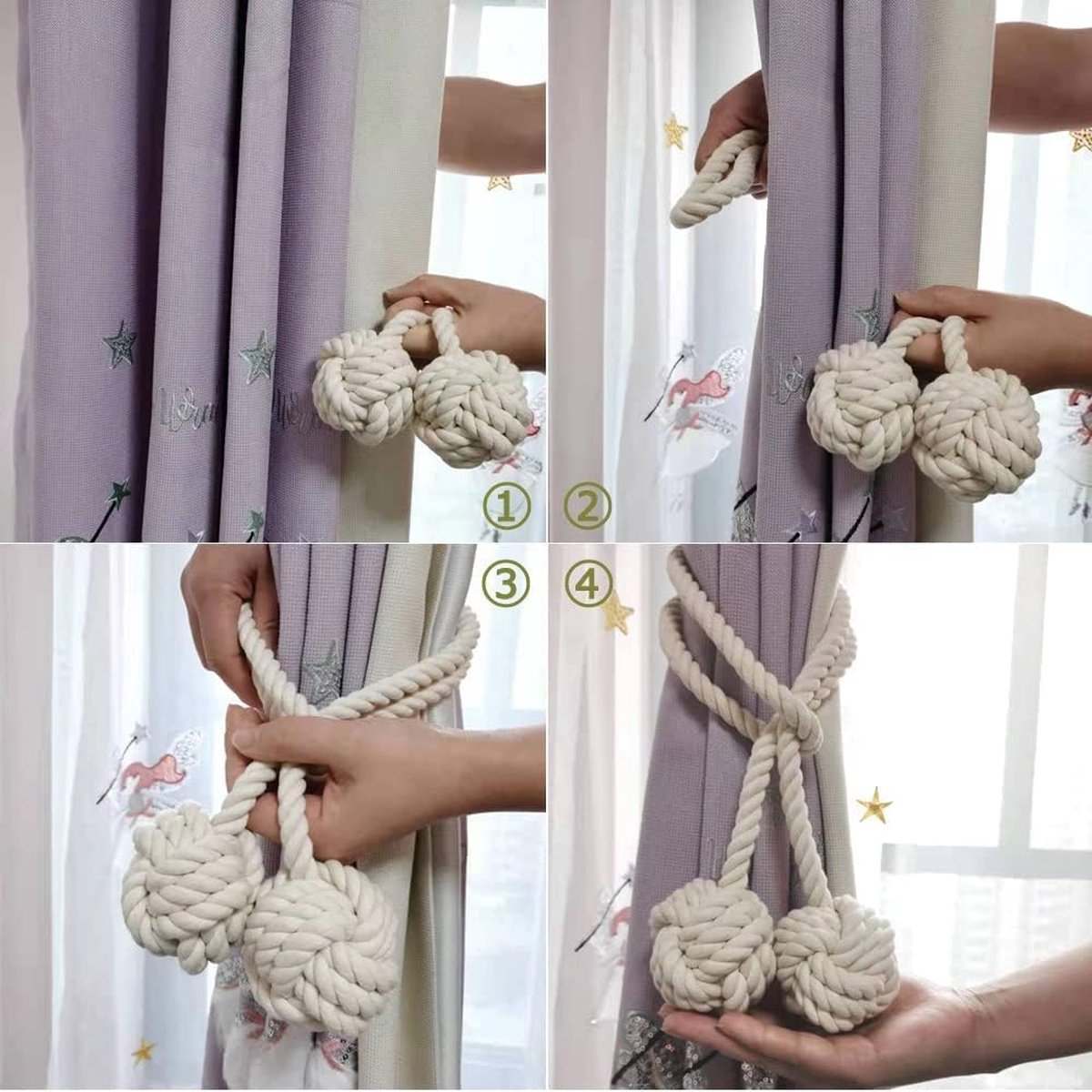 Fenghuangwu 2/4 Pakket Gordijn Tiebacks Handgemaakte Decoratieve Gordijnhouders Touw met Kwast (Navy -2P