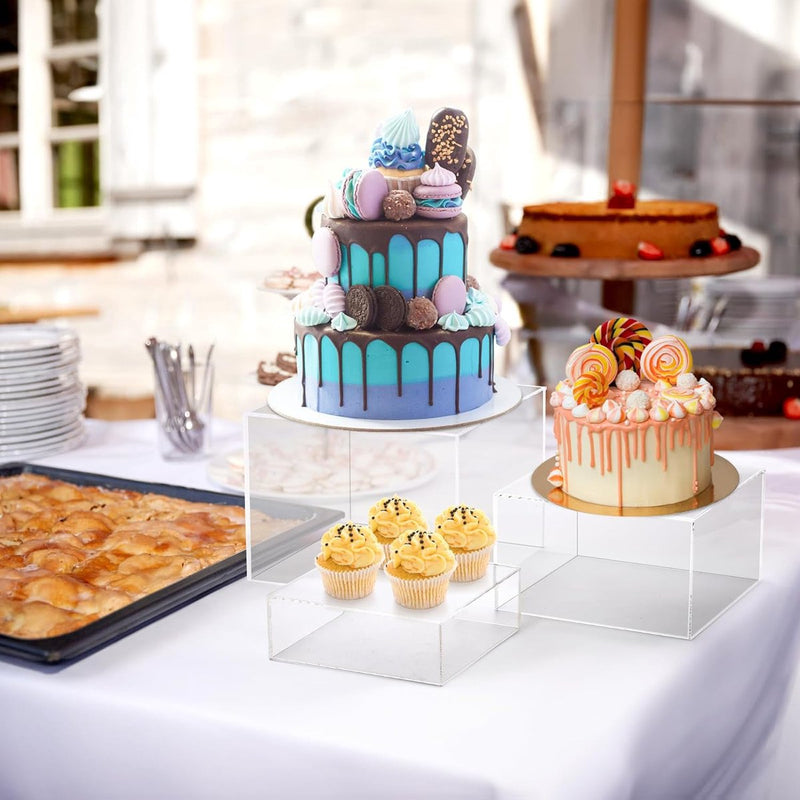 Set van 3 acryl kubusstandaarden, matte sieradendisplaydoos met holle basis, transparante nestvitrine taartstandaard voor verzamelobjecten, cosmetica, dessert, 3 maten