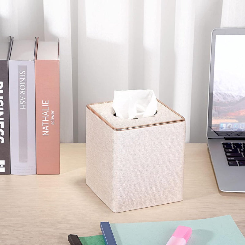 Tissuebox vierkant cosmetische tissuebox met gouden randen papieren tissuebox linnen beige tissuehouder 13 x 13 x 15 cm tissuebox voor eetkamer woonkamer slaapkamer kantoor hotel